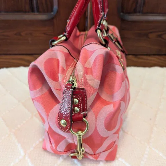 Coach Madison Sabrina Signature Pink Satchel with Red Patent Leather Trim. - Picture 4 of 16